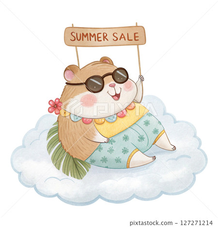 Cute Animal in Hawaiian Outfit on a Cloud  Sunglasses Summer Sale white background Cute Animal in Hawaiian Outfit on a Cloud  Sunglasses Summer Sale white background 127271214