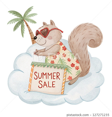 Cute Animal in Hawaiian Outfit on a Cloud  Sunglasses Summer Sale white background Cute Animal in Hawaiian Outfit on a Cloud  Sunglasses Summer Sale white background 127271235