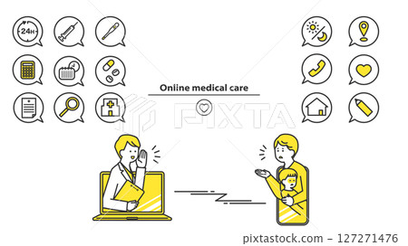 Online medical consultation: Doctor and patient icon set 2c Online medical consultation: Doctor and patient icon set 2c 127271476