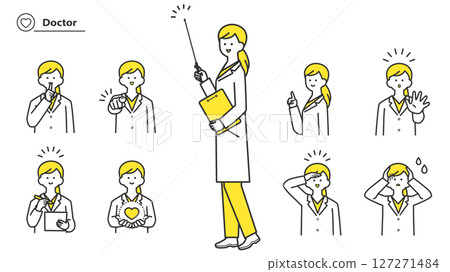 A woman in a white coat: Variations in facial expressions and poses, set 2c 127271484