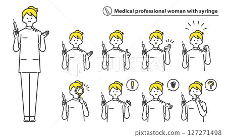 Female medical worker holding a syringe, facial expression and pose variations, set 2c 127271498