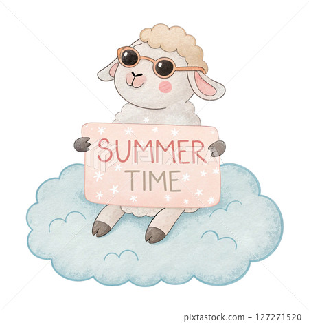 Cute Animal on a Cloud Sunglasses Summer Time Sign white background 127271520