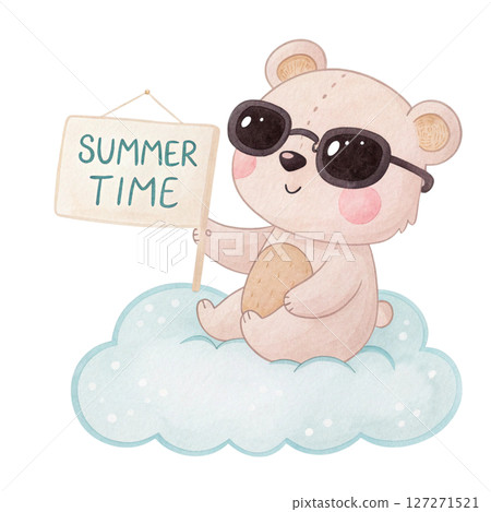 Cute Animal on a Cloud Sunglasses Summer Time Sign white background 127271521