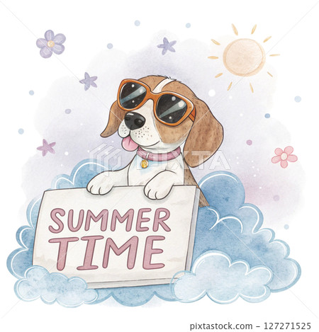Cute Animal on a Cloud Sunglasses Summer Time Sign white background 127271525