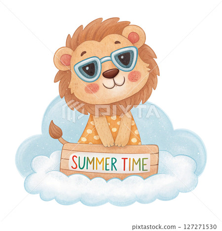 Cute Animal on a Cloud Sunglasses Summer Time Sign white background 127271530