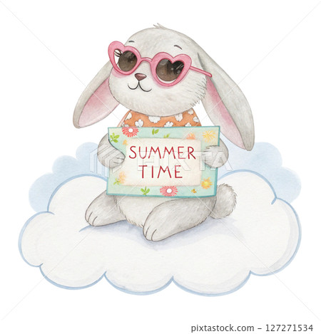 Cute Animal on a Cloud Sunglasses Summer Time Sign white background 127271534