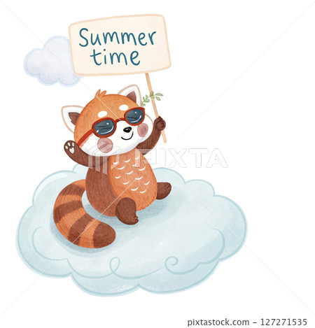 Cute Animal on a Cloud Sunglasses Summer Time Sign white background Cute Animal on a Cloud Sunglasses Summer Time Sign white background 127271535