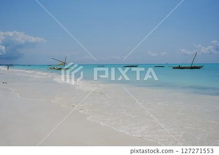 Exotic view from jambiani beach at Indian Ocean in African Zanzibar island in Tanzania 127271553