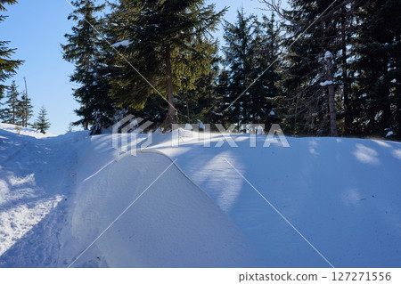 Snowy path in Silesian Beskids range near European Salmopol pass in Poland Snowy path in Silesian Beskids range near European Salmopol pass in Poland 127271556