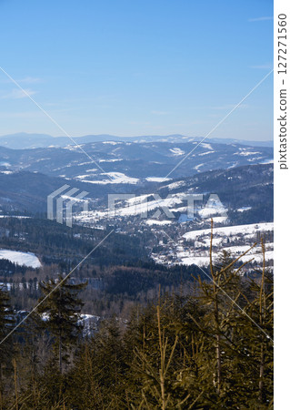 Valley at Beskids at Silesian Voivodeship near European Bialy Krzyz in Poland - vertical 127271560