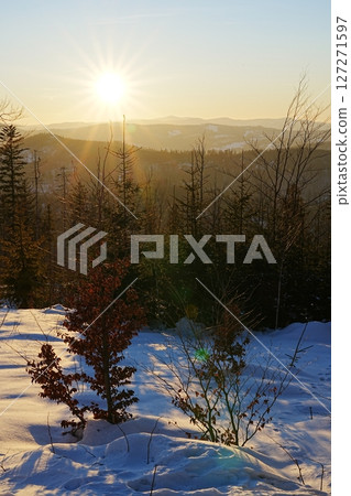 Sun set at Silesian Beskid near Bialy Krzyz in Poland - vertical Sun set at Silesian Beskid near Bialy Krzyz in Poland - vertical 127271597