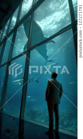 Man in suit stands before large shark aquarium glass tank observing sharks swimming gracefully Man in suit stands before large shark aquarium glass tank observing sharks swimming gracefully 127271791