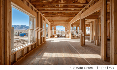 Wooden house under construction with exposed beams and view of mountains in background. Sunlight illuminates interior 127271795