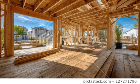 Wooden framework of new house under construction with clear blue sky in background. site is filled with lumber and building materials 127271796