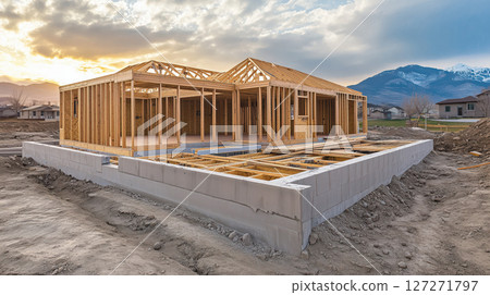 Wooden house frame stands under cloudy sky, showcasing residential construction in scenic mountainous area 127271797