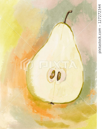 Abstract impressionist wall art in watercolor and acrylic mix with pear fruit. Modern oil painting on canvas for posters, home decor, invitations, web design, and printable art. 127272344