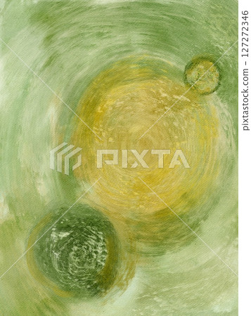 Green and yellow abstract impressionist wall art in watercolor and acrylic mix. Modern oil painting on canvas for posters, home decor, invitations, web design, and printable art. 127272346