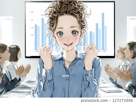 Illustration material of a smiling businesswoman who successfully gave a presentation and made a fist pump 127272898
