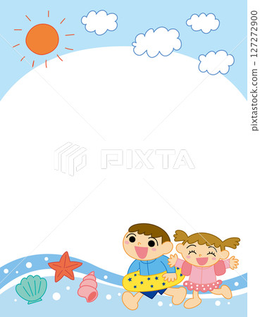 Children in swimsuits, seashells, and blue sky frame vector 127272900