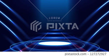 Scene glowing on dark blue background with glowing neon lights podium in futuristic. Concept technology, gamer. Scene glowing on dark blue background with glowing neon lights podium in futuristic. Concept technology, gamer. 127272927