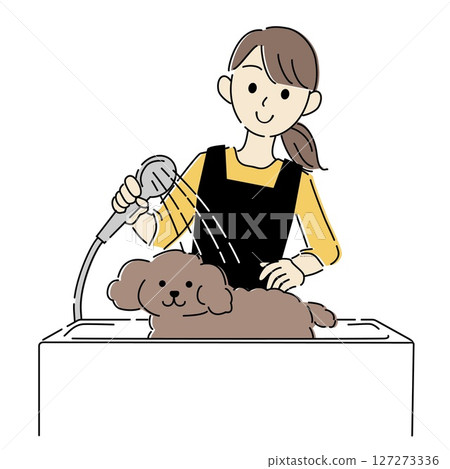 Illustration of a dog and groomer in a grooming salon Illustration of a dog and groomer in a grooming salon 127273336