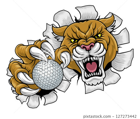 Cougar Panther Mountain Lion Puma Golf Ball Mascot Cougar Panther Mountain Lion Puma Golf Ball Mascot 127273442