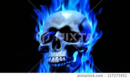 Image of a spinning white skeleton surrounded by blue flames 127273452