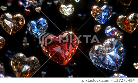 A collection of floating heart-shaped faceted gemstones in various colors including red, blue and gold on a black background 127273494