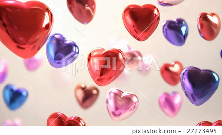 A cluster of bright heart-shaped balloons floats horizontally against a white background 127273495