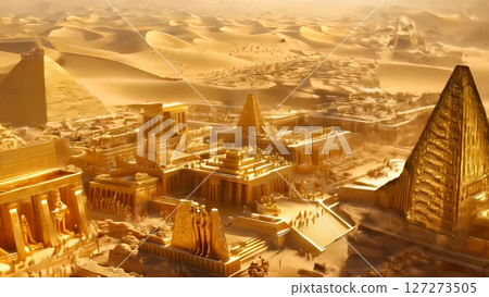 沙漠中一座雄偉的金色城市，周圍環繞著高聳的金字塔 127273505