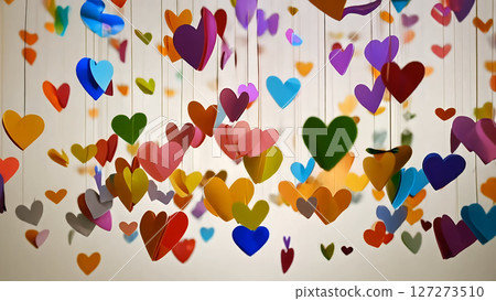 白色天花板上懸掛著彩色紙心 白色天花板上懸掛著彩色紙心 127273510