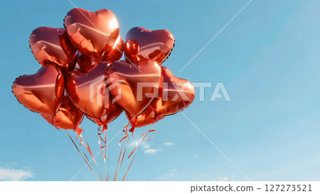 Many bright red heart-shaped balloons soar into the calm blue sky 127273521