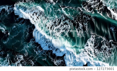 Aerial view of turbulent waves crashing on a rugged coastline 127273601