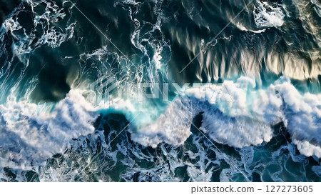 Aerial view of turquoise waves swirling in a deep blue ocean Aerial view of turquoise waves swirling in a deep blue ocean 127273605