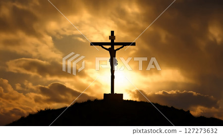 Silhouette of Jesus on the cross and sunset 127273632