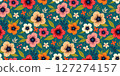 Colorful seamless floral pattern with hand-drawn flowers and leaves on a teal background. Ideal for fabric prints, wallpapers, gift wrap, stationery, textile, and spring or summer-themed designs. 127274157