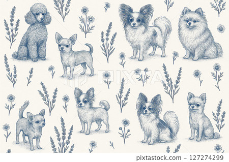 帶有花朵的貴賓犬和吉娃娃等小型犬的精緻插圖 127274299