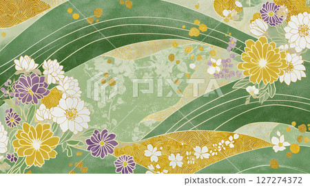 Green and gold Japanese chrysanthemum pattern background material Green and gold Japanese chrysanthemum pattern background material 127274372
