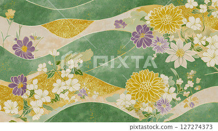 Green and gold Japanese chrysanthemum pattern background material 127274373