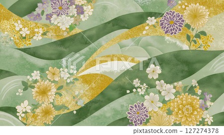 Green and gold Japanese chrysanthemum pattern background material 127274378