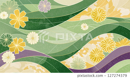 Green and gold Japanese chrysanthemum pattern background material Green and gold Japanese chrysanthemum pattern background material 127274379