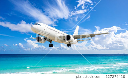 Airplane in the sky, realistic 3D model of plane flying in the sky, tourism and air travel background 127274418