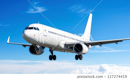 Airplane in the sky, realistic 3D model of plane flying in the sky, tourism and air travel background 127274419