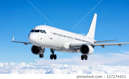 Airplane in the sky, realistic 3D model of plane flying in the sky, tourism and air travel background 127274421