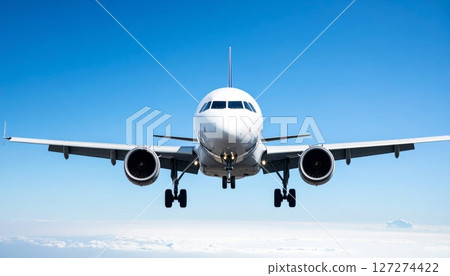 Airplane in the sky, realistic 3D model of plane flying in the sky, tourism and air travel background 127274422