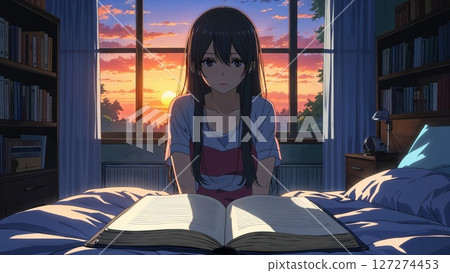 Book on the bed in front of the sunset window, anime style, reading concept 127274453
