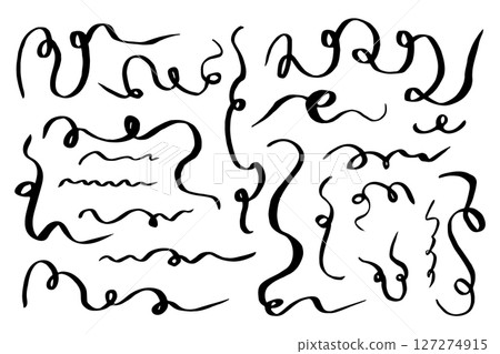 Decorative ornament of graceful curved lines, patterned ribbons for decorating holiday cards, websites, banners, books. Handmade brush strokes for frames, wavy doodles, vintage calligraphic curls. Decorative ornament of graceful curved lines, patterned ribbons for decorating holiday cards, websites, banners, books. Handmade brush strokes for frames, wavy doodles, vintage calligraphic curls. 127274915