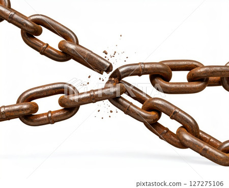 Broken chain over white background, freedom or broken connections concept 127275106