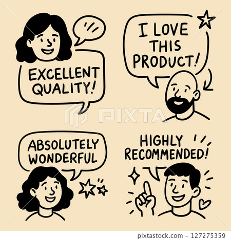 Doodle people with speech bubbles positive review quotes set hand drawn style 127275359