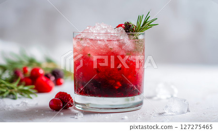Refreshing berry cocktail with crushed ice and rosemary sprig in short glass surrounded by cranberries raspberries and melting cubes evokes cool fruity summer drink with herbal accent 127275465